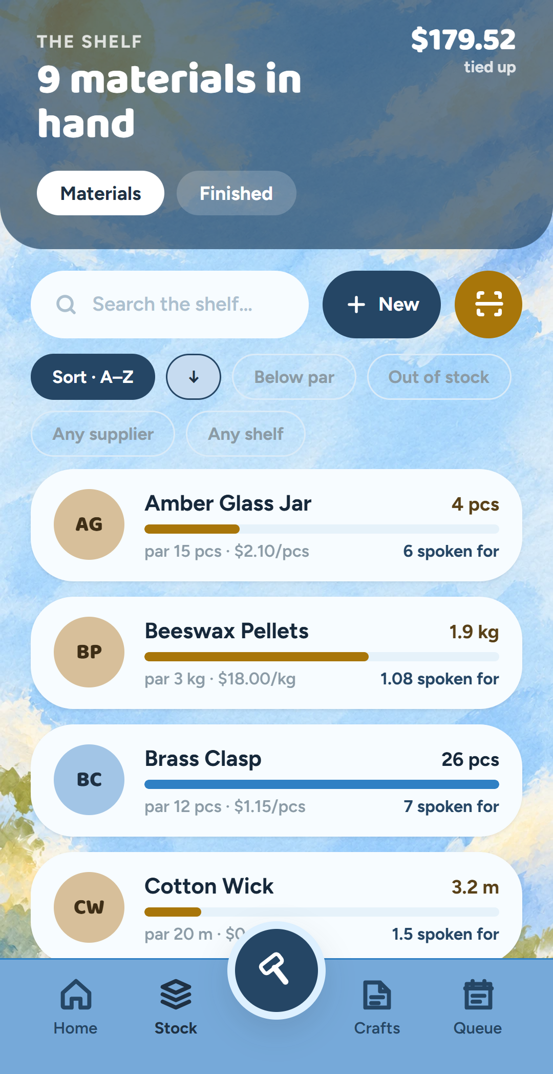 CraftAlley materials inventory in the Sunny appearance