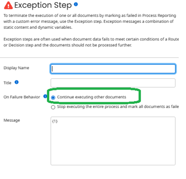 Exception Step with On Failure Behavior set to “Continue executing other documents”