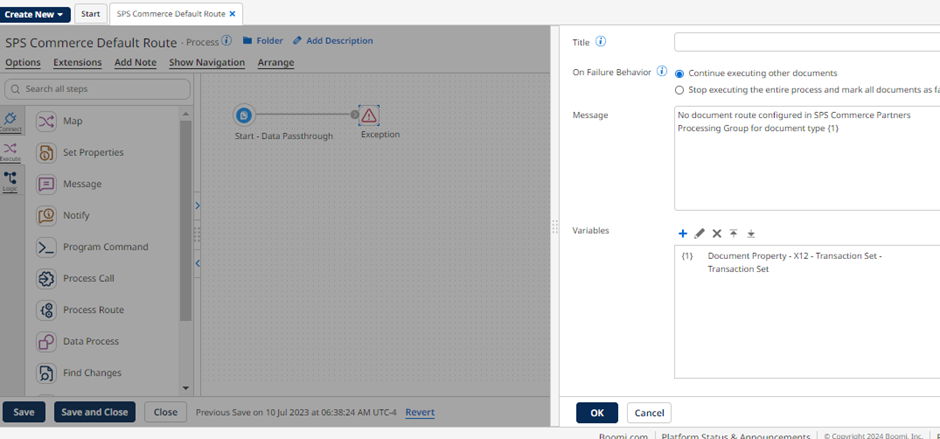 Default route process that is set to terminate execution