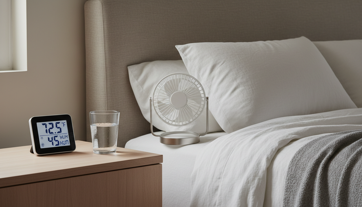 Eye-level view of a bedside temperature monitor beside a glass of water and a small fan.