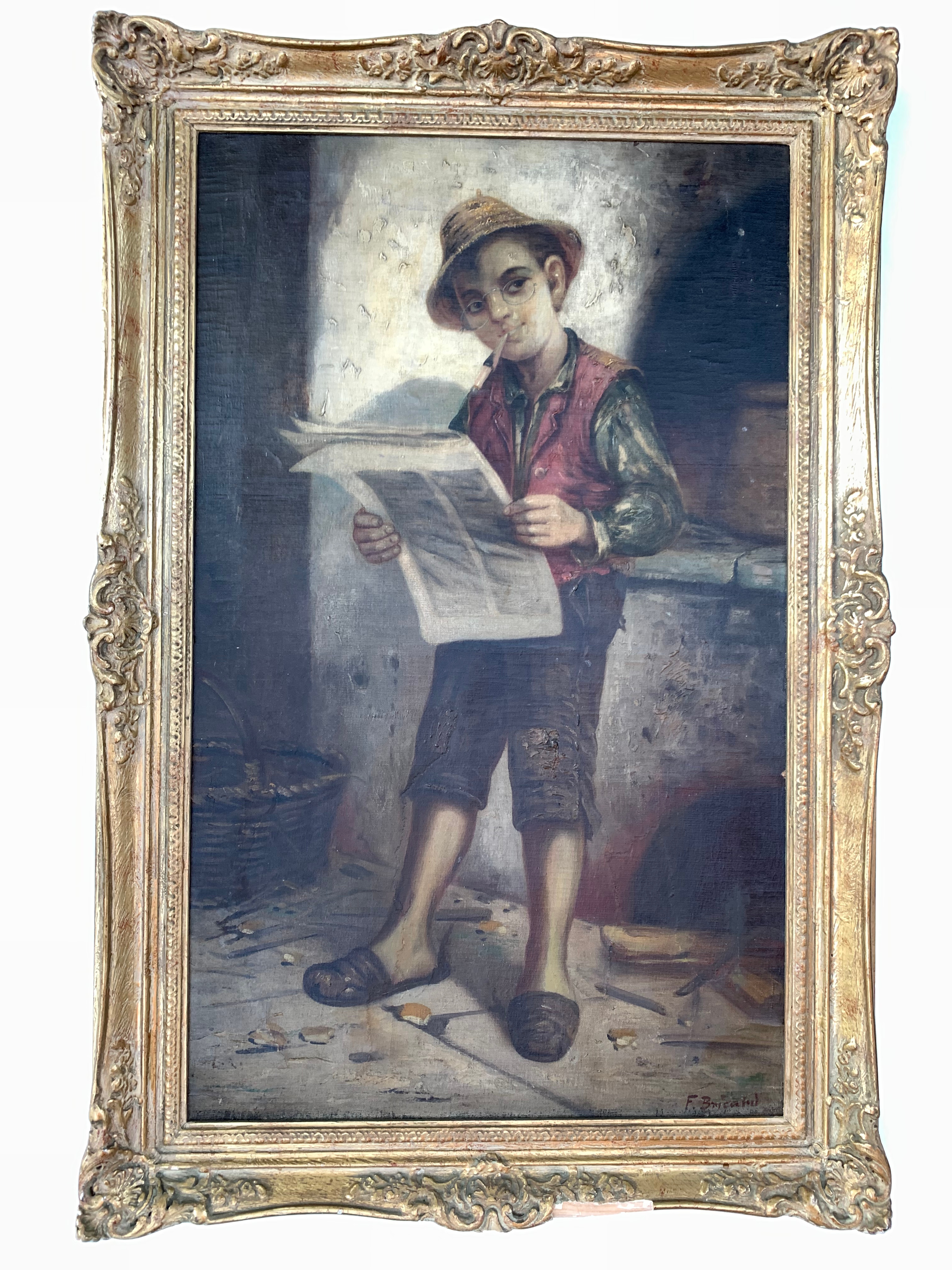 Francois Xavier Bricard, Boy w/ Newspaper, Oil Painting on Canvas, 1925 Antique