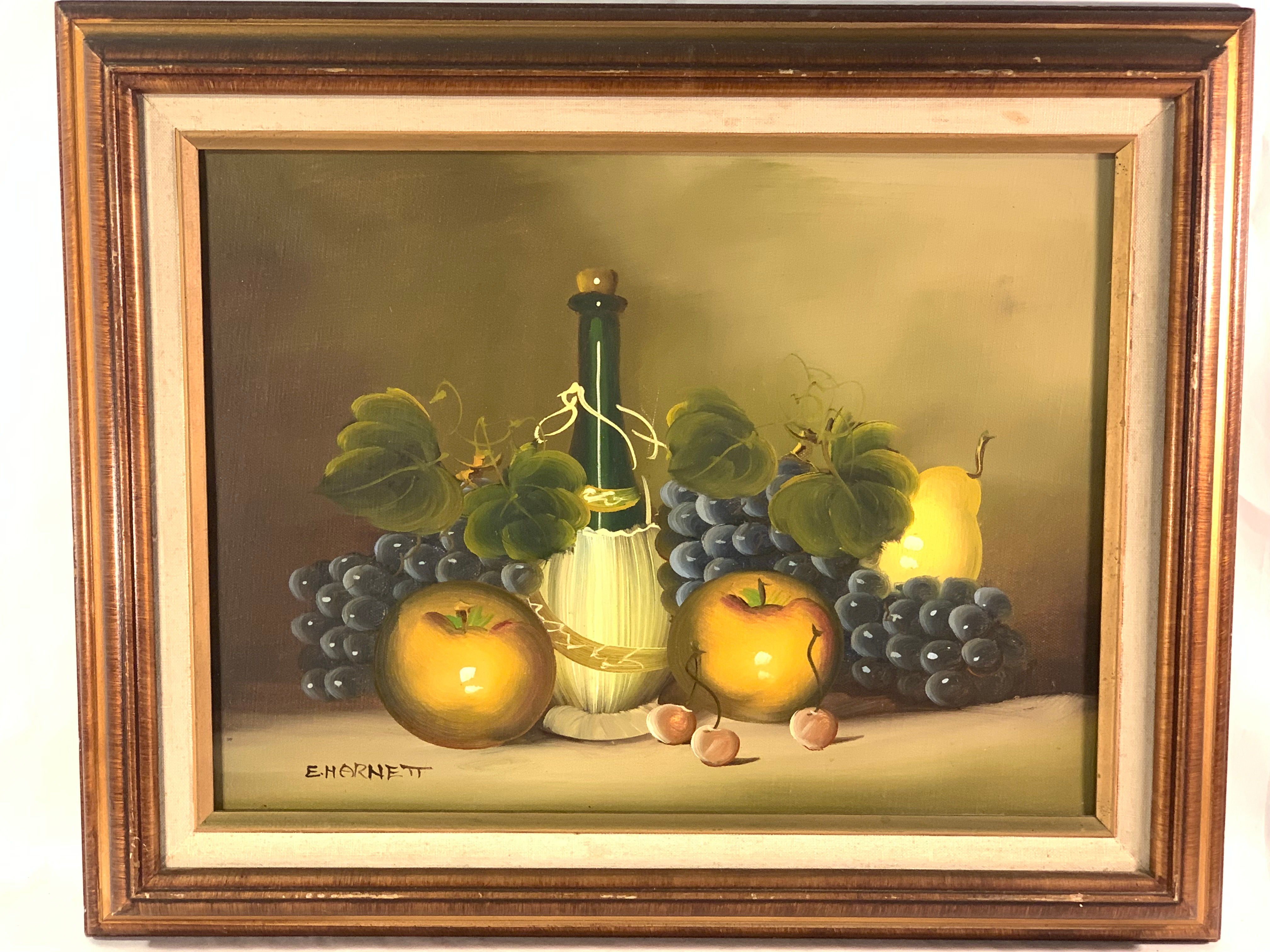 E. Harnett Still Life Chianti Vintage Oil on Canvas 16" x 12" Framed