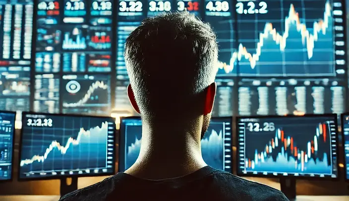 DALL·E 2025-02-07 09.51.22 - A trader seen from behind, wearing a black t-shirt, sitting i