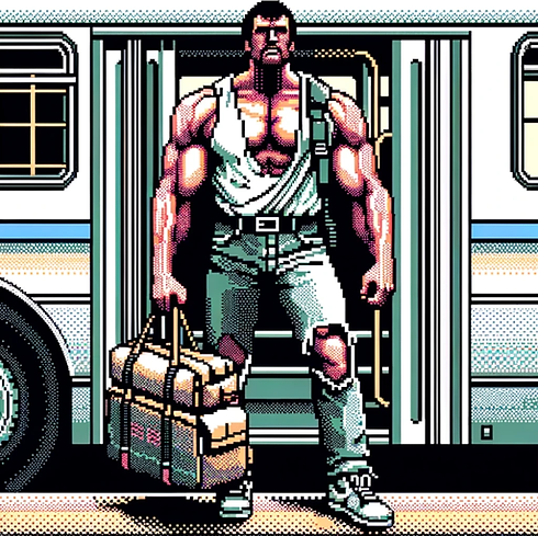 A picture of a tall, muscular man with a battered backpack, exiting an inter-city bus, in the style of 8-bit video games.