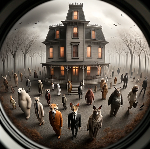 A picture of a haunted house, in the style of photorealistic anthropomorphic art.