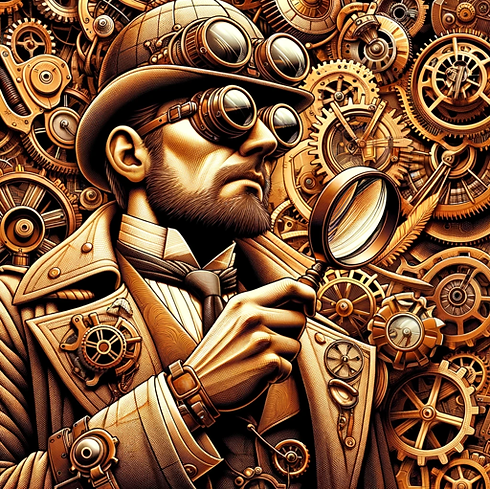 A picture of a detective holding a magnifying glass, in the style of steampunk graphic novels.