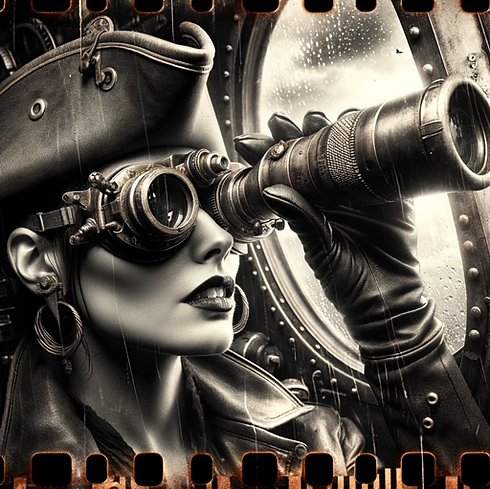 A picture of a fearsome pirate in a tri-cornered hat, peering through a spyglass, in the style of gritty, cinematic dieselpunk.