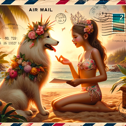 A picture of a young princess in a tiara speaking to her pet animal, in the style of sunkissed surfer postcards.