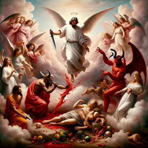 A picture of someone carrying a knife that drips with blood, in the style of the angelic and demonic hosts of Renaissance paintings.