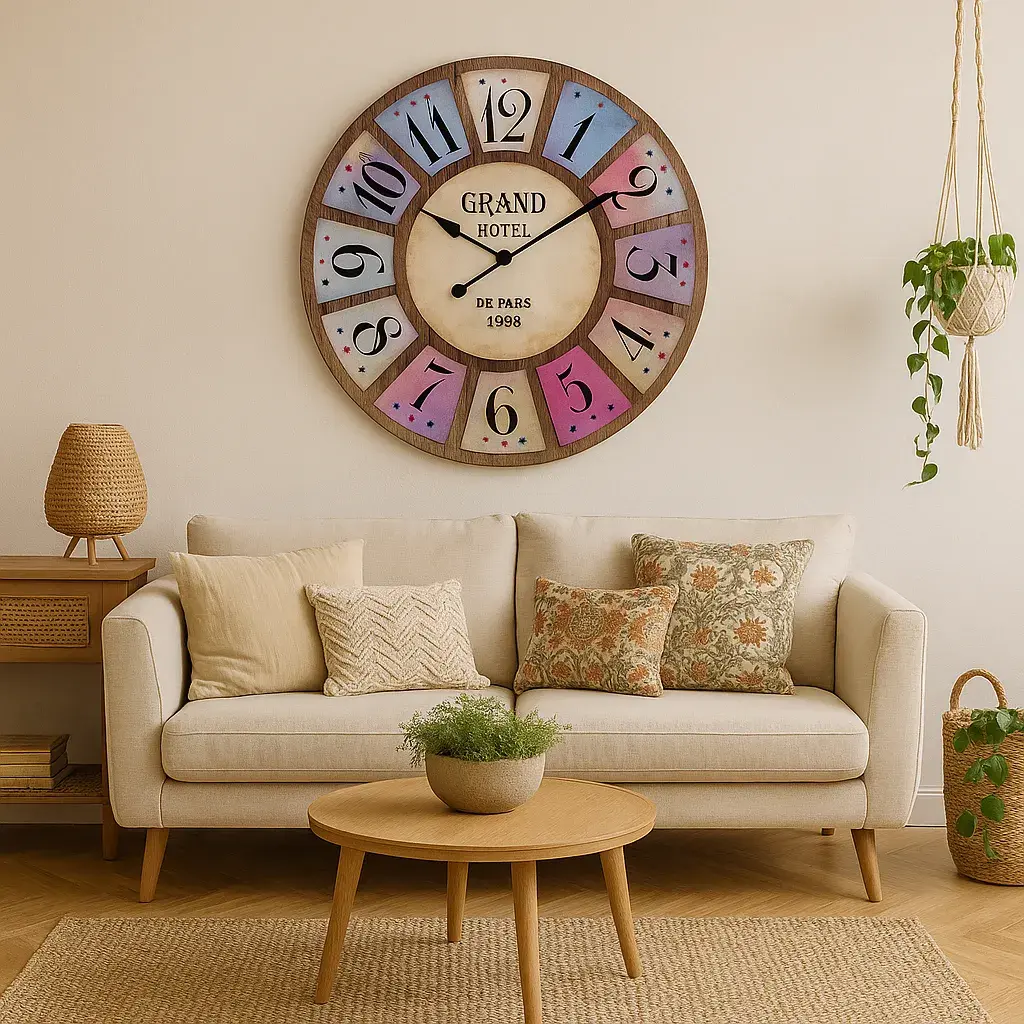 Reloj de pared estilo vintage Grand Hotel de Paris con números coloridos y fondo madera