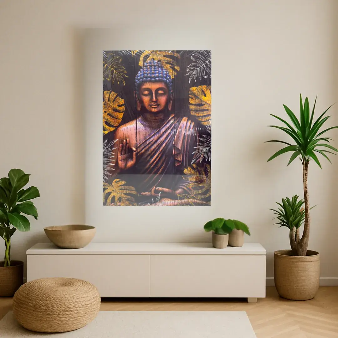 Cuadro decorativo de Buda en fondo tropical con hojas doradas, estilo espiritual 70x50 cm
