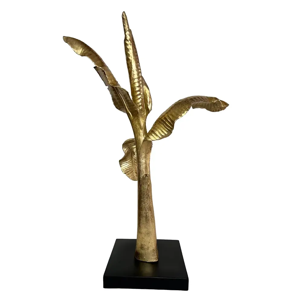 Miniatura: Escultura decorativa de palmera dorada sobre base negra, estilo tropical chic, 55x37x17 cm.