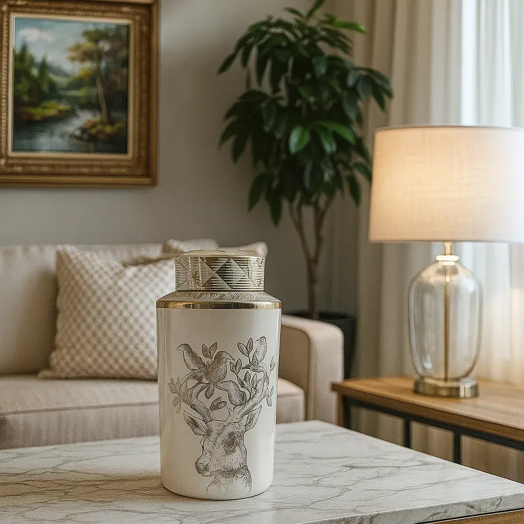 Jarrón de cerámica decorativa con dibujo de ciervo y pájaros, estilo natural 40 cm