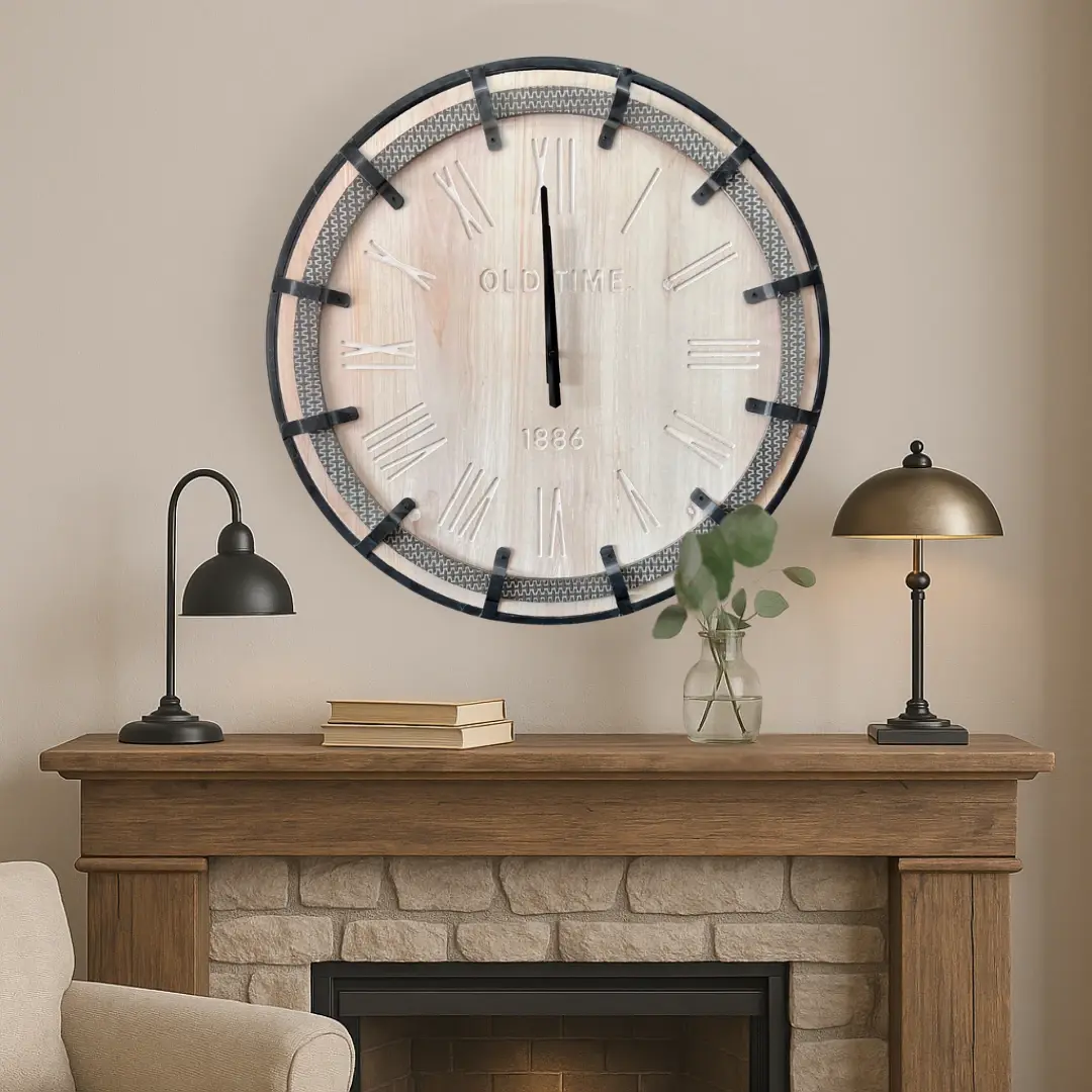 Reloj de pared redondo madera y metal estilo industrial vintage 60 cm