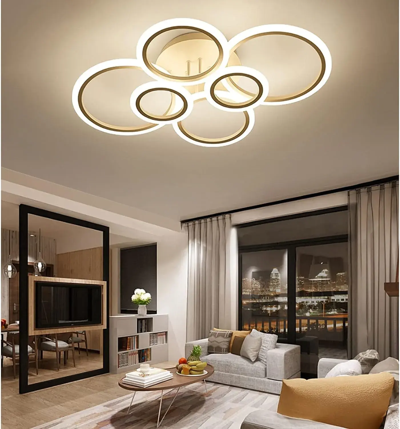 Lámpara LED de techo moderna con diseño de aros y control remoto