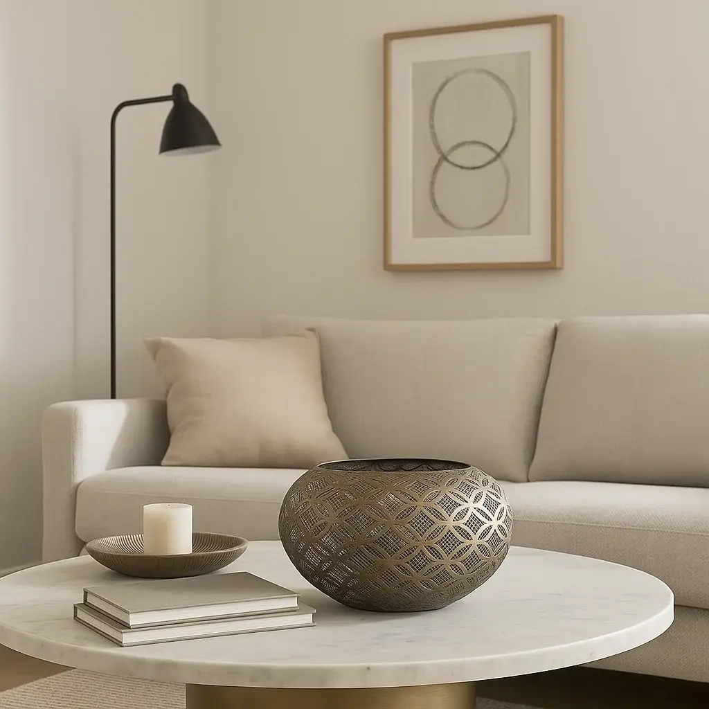 Centro de mesa metálico calado en bronce 32 x 39,5 cm con diseño geométrico decorativo