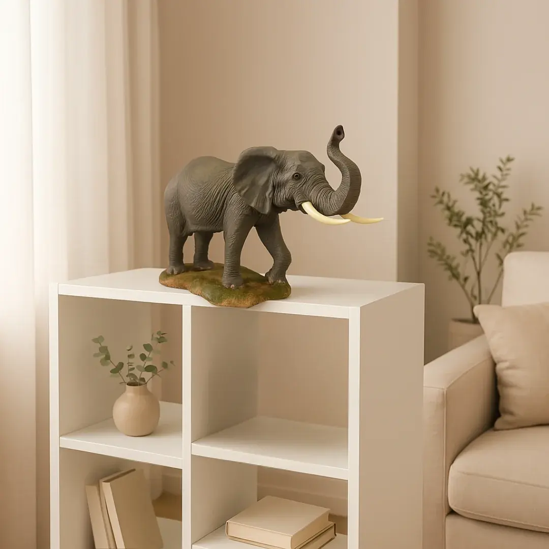 Figura decorativa de elefante en resina, acabado realista, con trompa levantada, estilo étnico y natural.