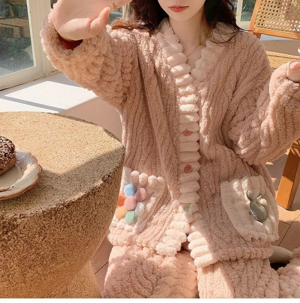 Thumbnail: Thickened Warm Flannel Women Sleepwear Loungewear Cardigan Suit Winter Sweet Kaw
