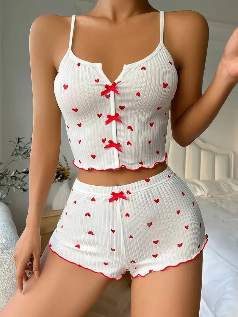 Thumbnail: Sleepwear Women Pajamas Set Heart Print Soft Ribbed Fabric with Flirty Frill Tri