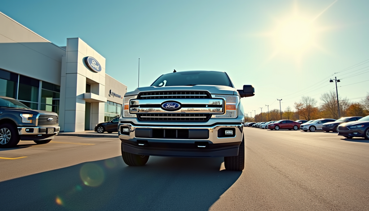 Eye-level view of a Ford F-150 Lariat parked in a dealership lot