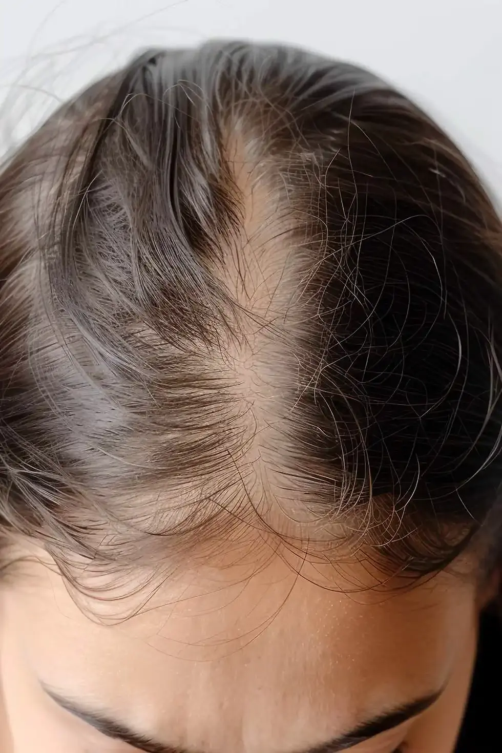 Close-up of the scalp showing a widened hair part and visible hair thinning.