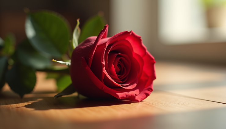 Eye-level view of a single red rose on a wooden table with soft natural light