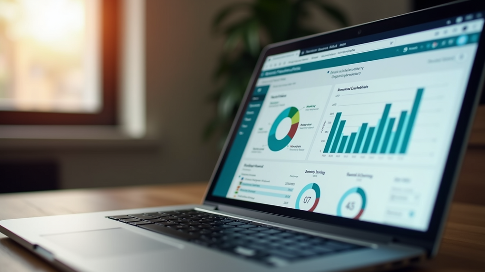 Close-up view of a laptop screen showing Dynamics 365 dashboard with charts