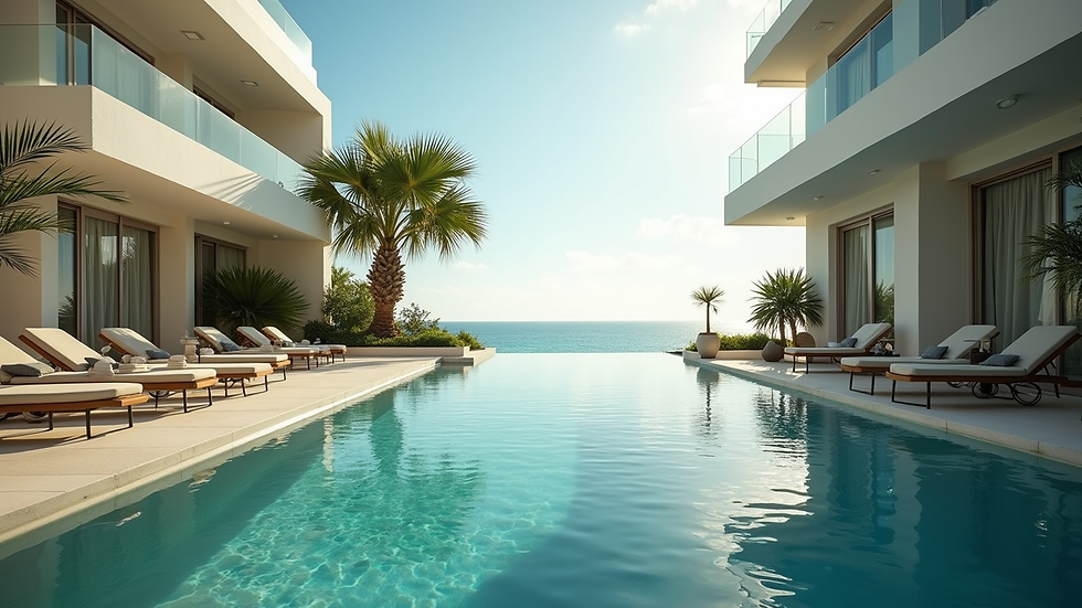 Primer plano de una piscina en un condominio de lujo en Tulum