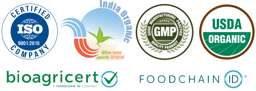 The Soil Stories organic certifications list featuring USDA Organic, Jaivik Bharat India, GMP, ISO, and FoodChain ID logos for clean nutraceuticals and supplements in Kolkata, India.