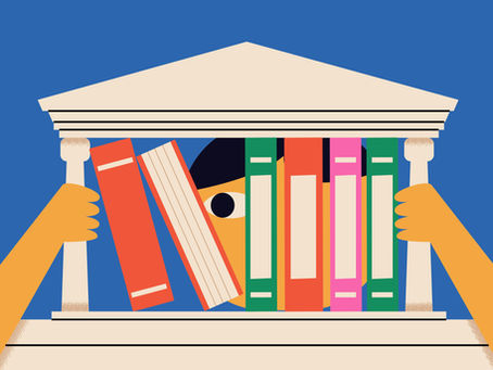 An image of a portico with the middle pillars replaced by books. A person's face can be seen behind the portico and their hands hold the outside pillars.