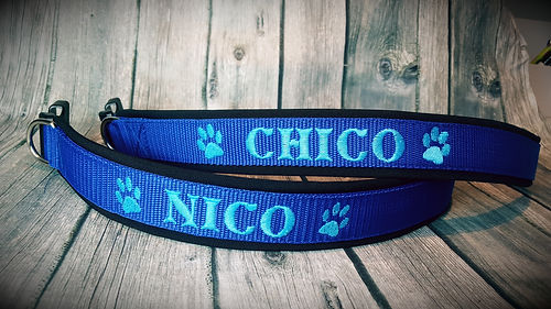 Halsband bestickt - blau mit hell trkis / und Pfote | Dog is King