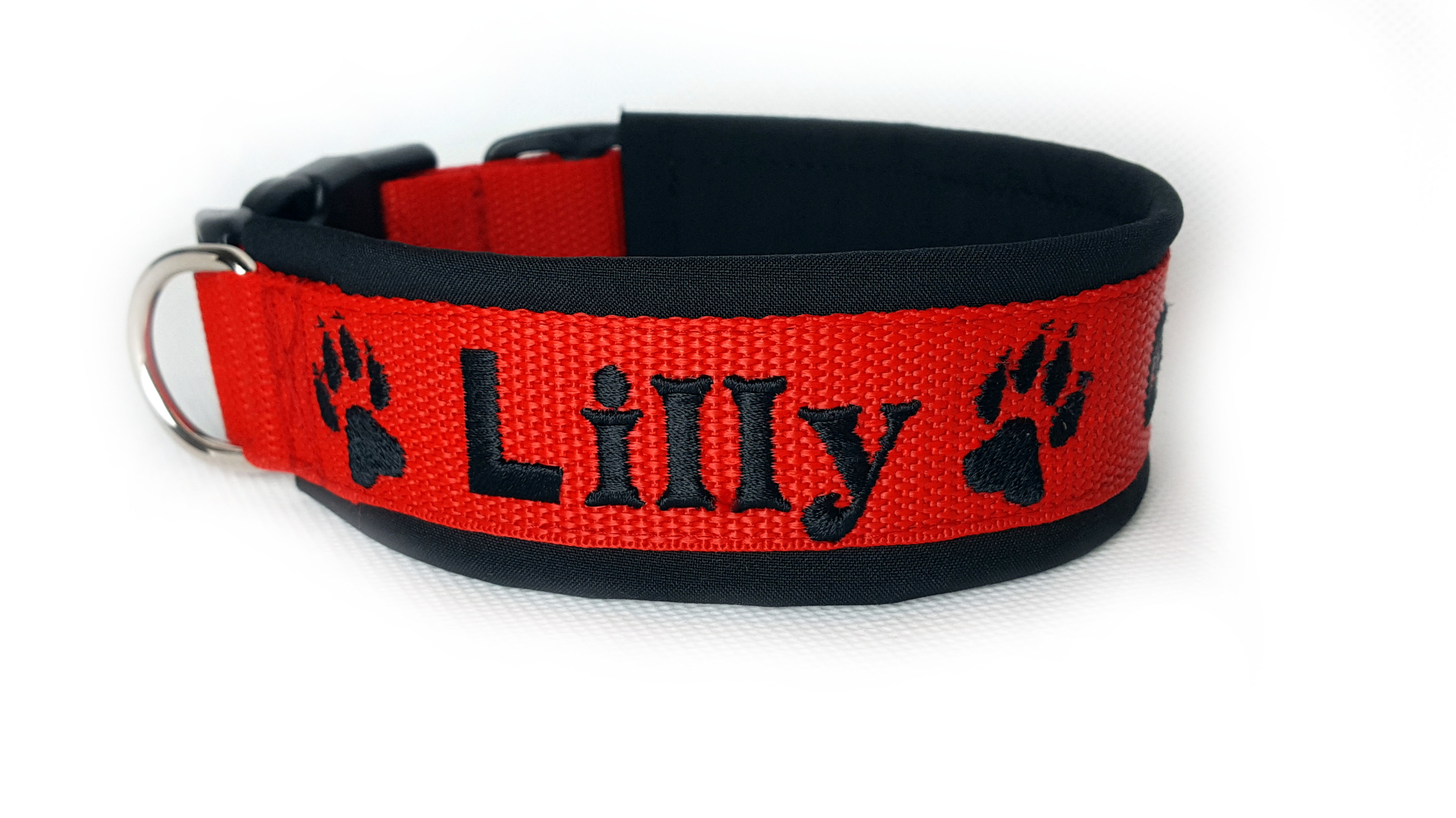 Halsband bestickt - Rot mit schwarz / schwarz und Wolfs Pfote