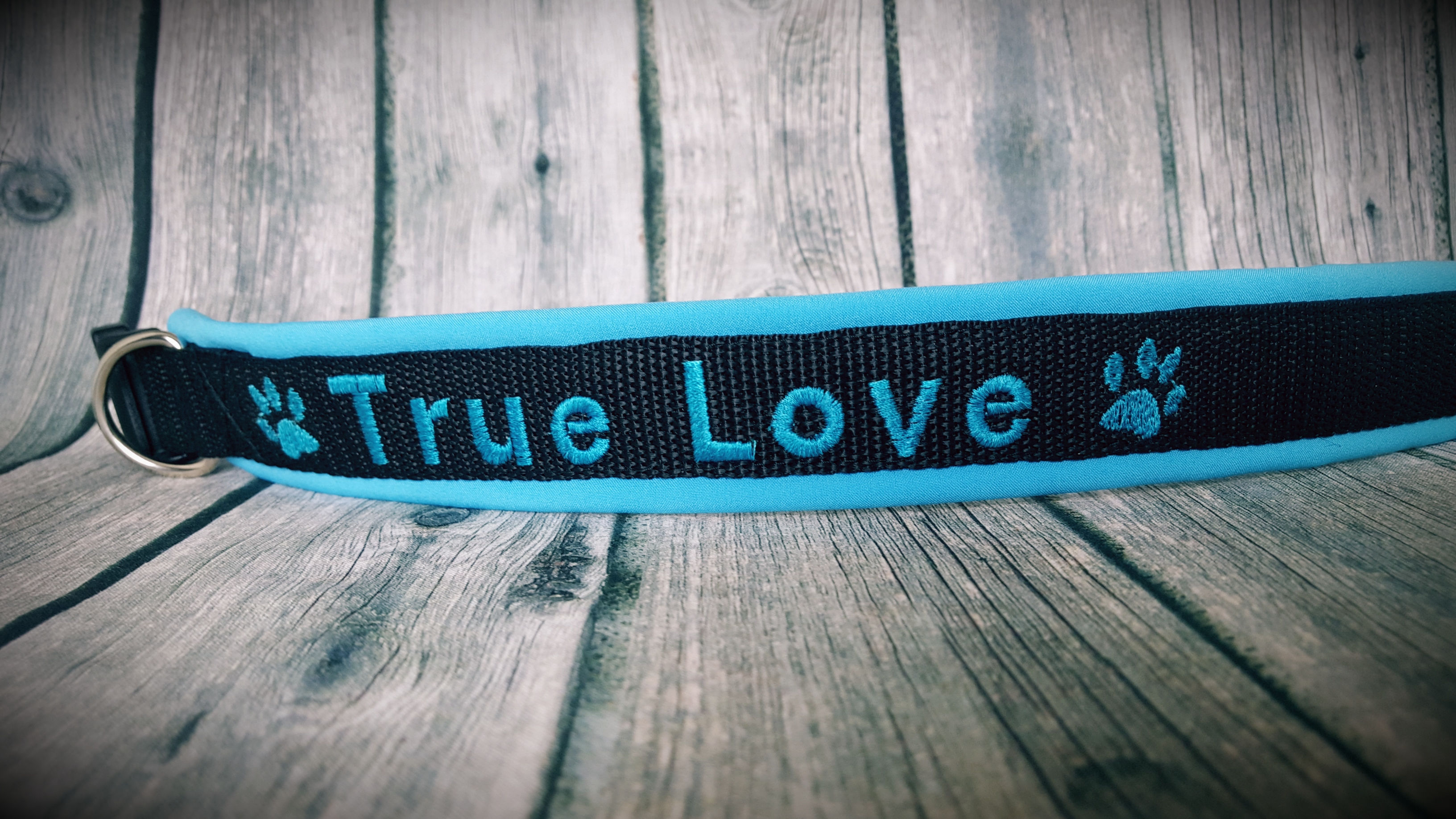 Halsband bestickt - Schwarz mit Türkis und Pfote