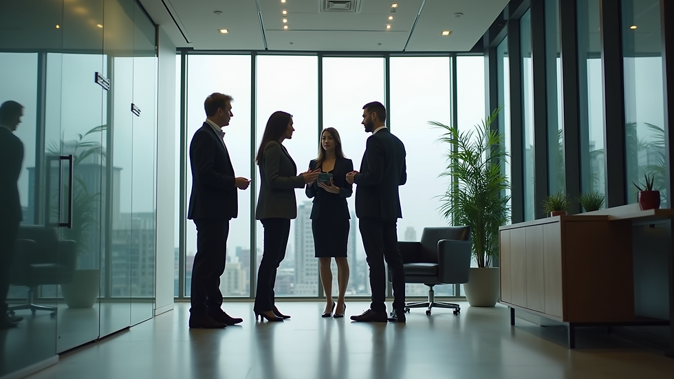 Eye-level view of a modern real estate office with professionals discussing strategies