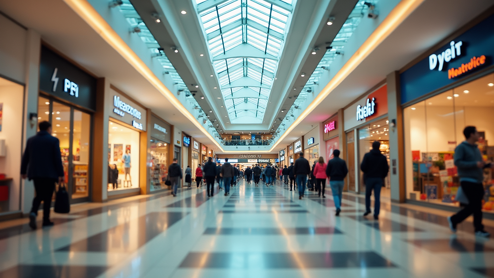 Wide angle view of a bustling regional mall with a diverse range of retail stores