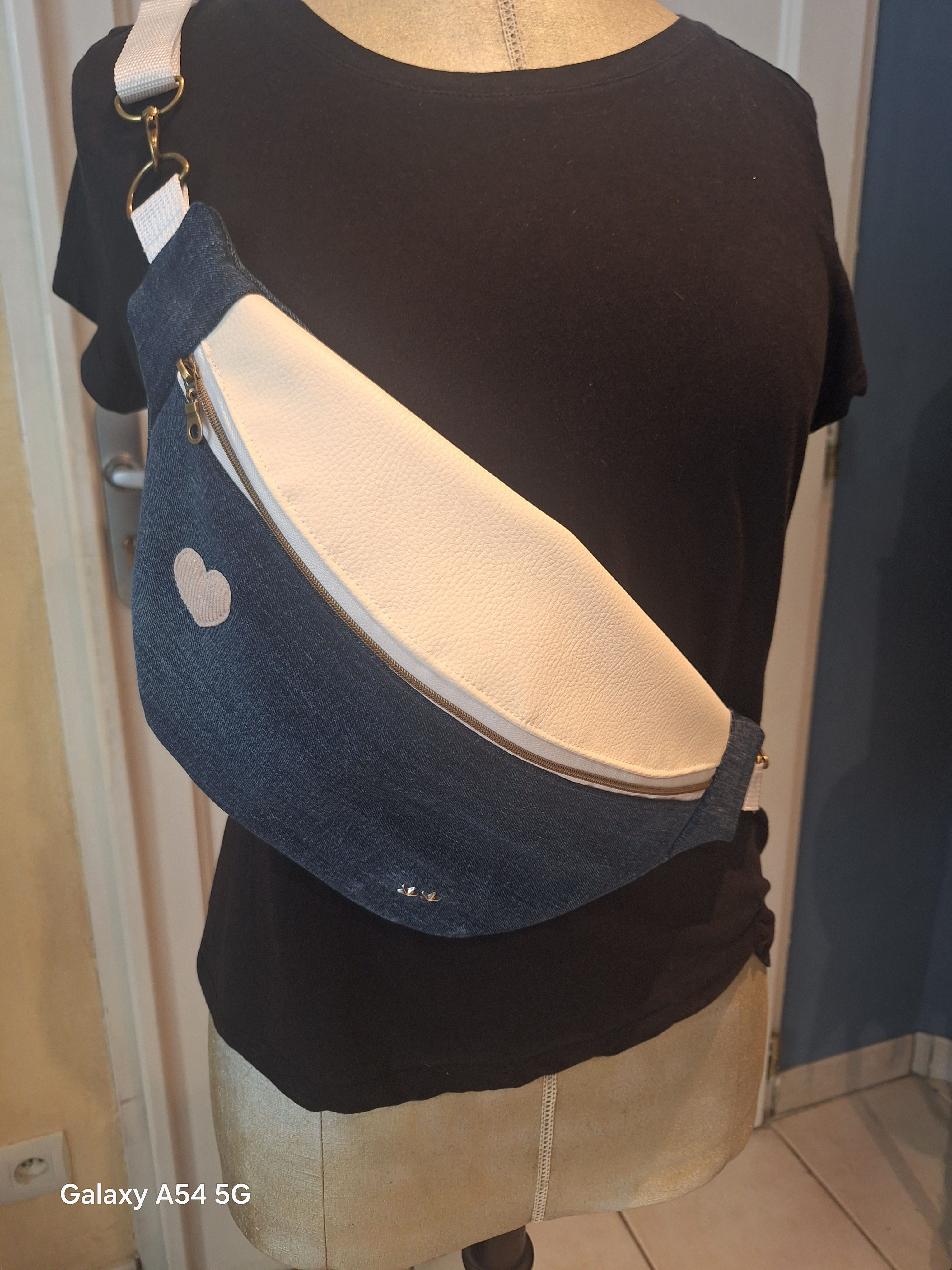 Banane bi-matière jean et simili, sangle simple