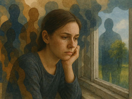 Kontrast zwischen heiler Welt draussen und innerem Stillstand drinnen – emotionale Darstellung mit abstrakten Elementen