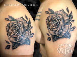 Fineline rose tattoo in black and gray