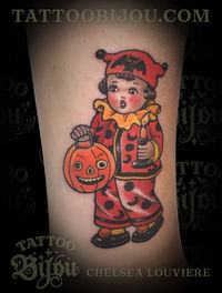 Halloween Tattoo of Trick or Treater in Vintage Illustrative Style