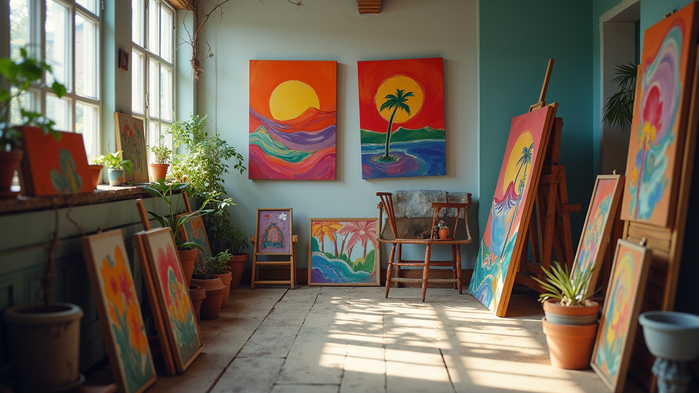 Eye-level view of a vibrant art studio filled with colorful paintings
