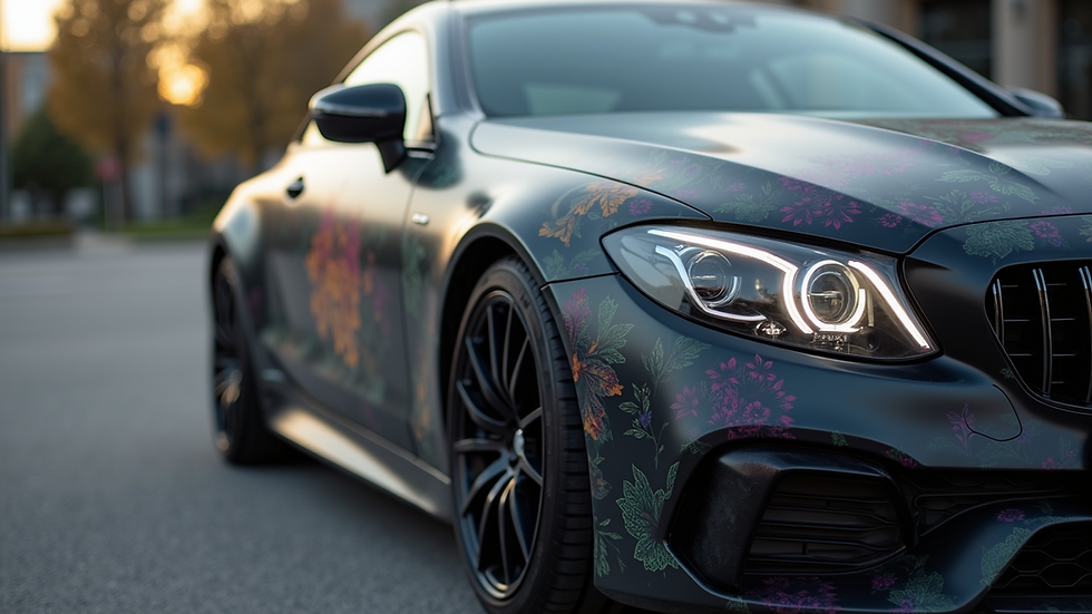 Close-up view of a car with a custom vinyl wrap design