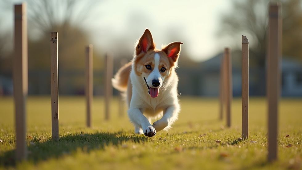 Eye-level view of a dog walking over low poles in a training yard