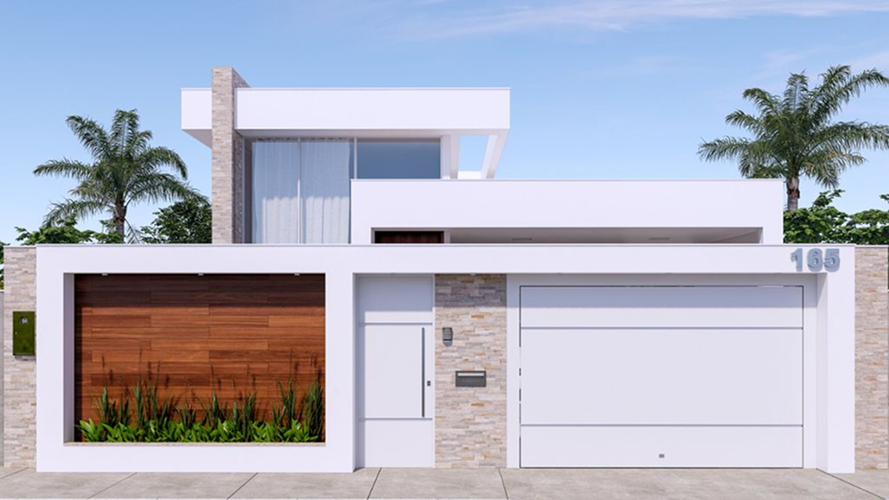 Projeto de sobrado moderno com fachada branca, muro com painel de madeira horizontal, revestimento em pedra canjiquinha, portão de garagem branco e palmeiras ladeando a edificação de dois pavimentos