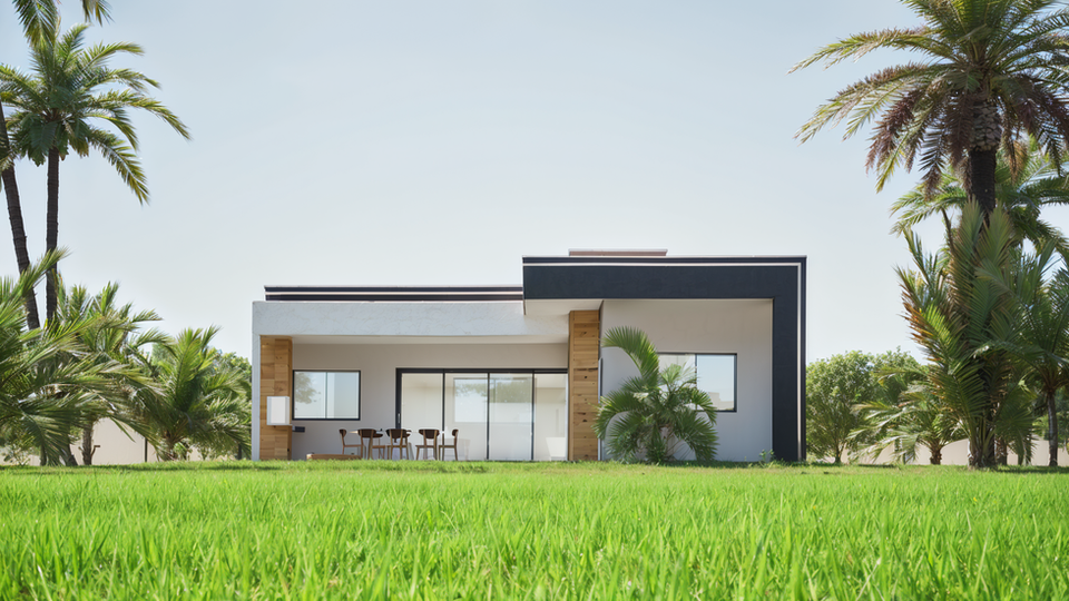 Renderização 3D de casa térrea moderna com fachada branca e detalhes em madeira, telhado plano com platibanda escura, ampla área envidraçada e jardim com palmeiras ao redor