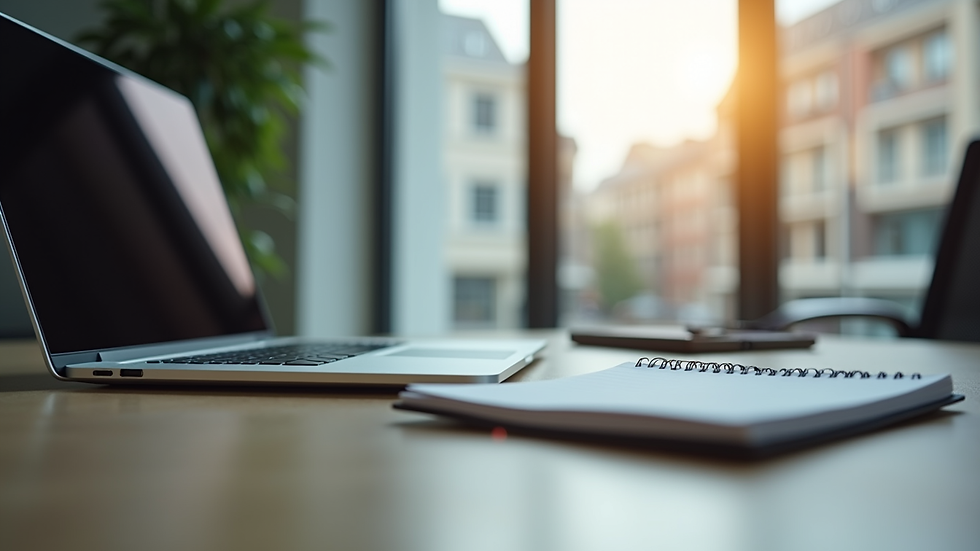 Vue en plongée d’un bureau avec un ordinateur portable et un carnet de notes