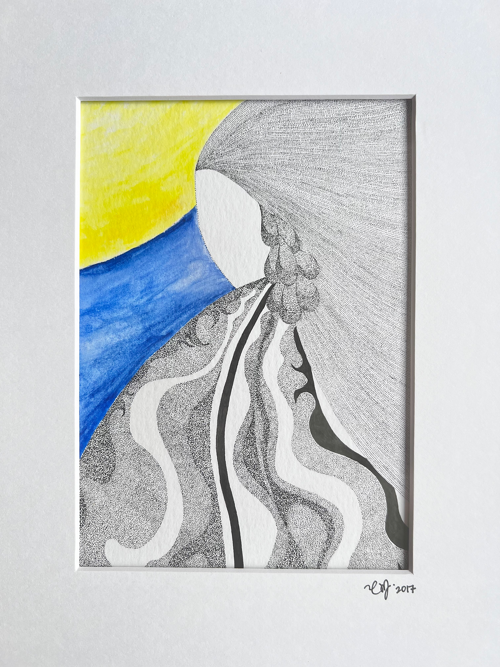 Framed original sketch titled "Moon Child," featuring dreamlike, gentle lines and soft watercolour hues on acid-free paper.