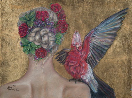 Greetings, pastel and gold leaf painting of a woman with roses and a vivid parrot on a gold background