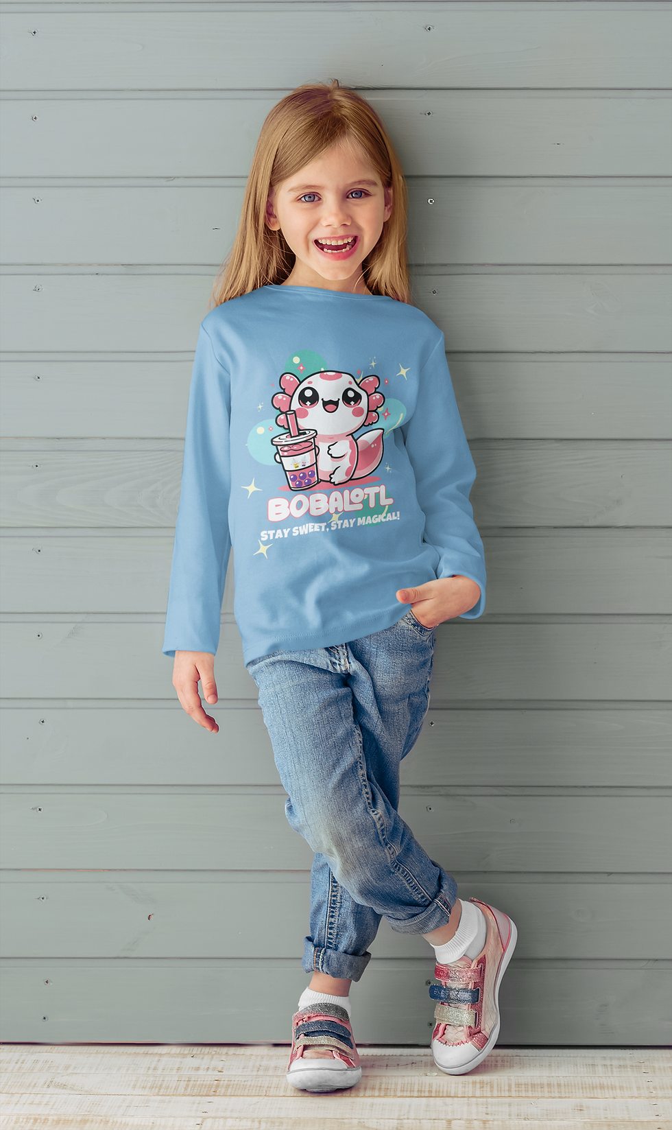 Thumbnail: Long Sleeve Tee - Bobalotl Stay Sweet Stay Magical Axolotl - Active Kids Shirt
