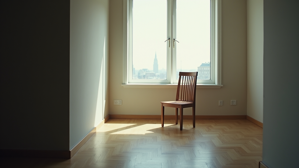 Eye-level view of a quiet room with a single empty chair by a window