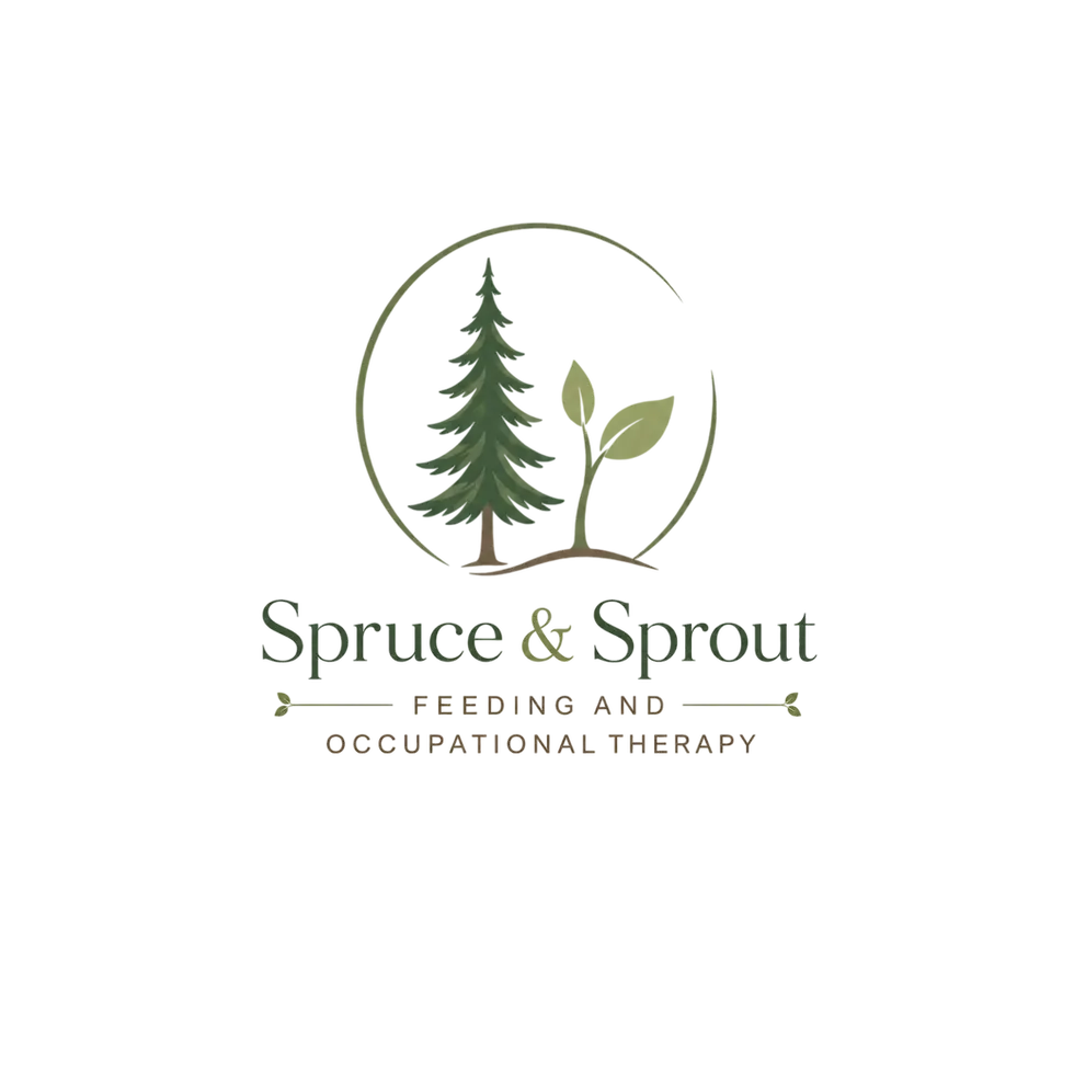 Brand logo for Spruce & Sprout Feeding and Occupational Therapy, green tree and sprout icon with business name text on white background, square layout.